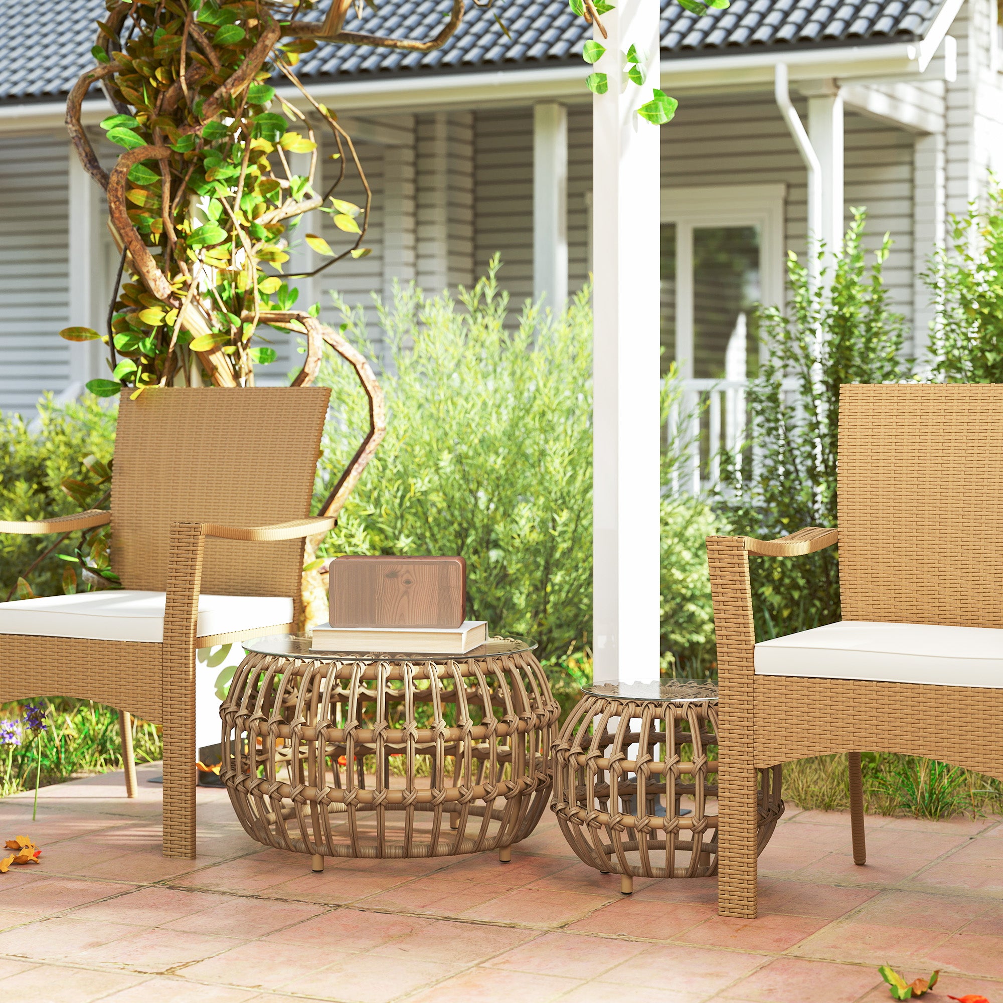 Outsunny 2-delige Set Bijzettafels Polyrattan Ø66/42 cm Rond Weerbestendig met Glazen Blad - Bruin