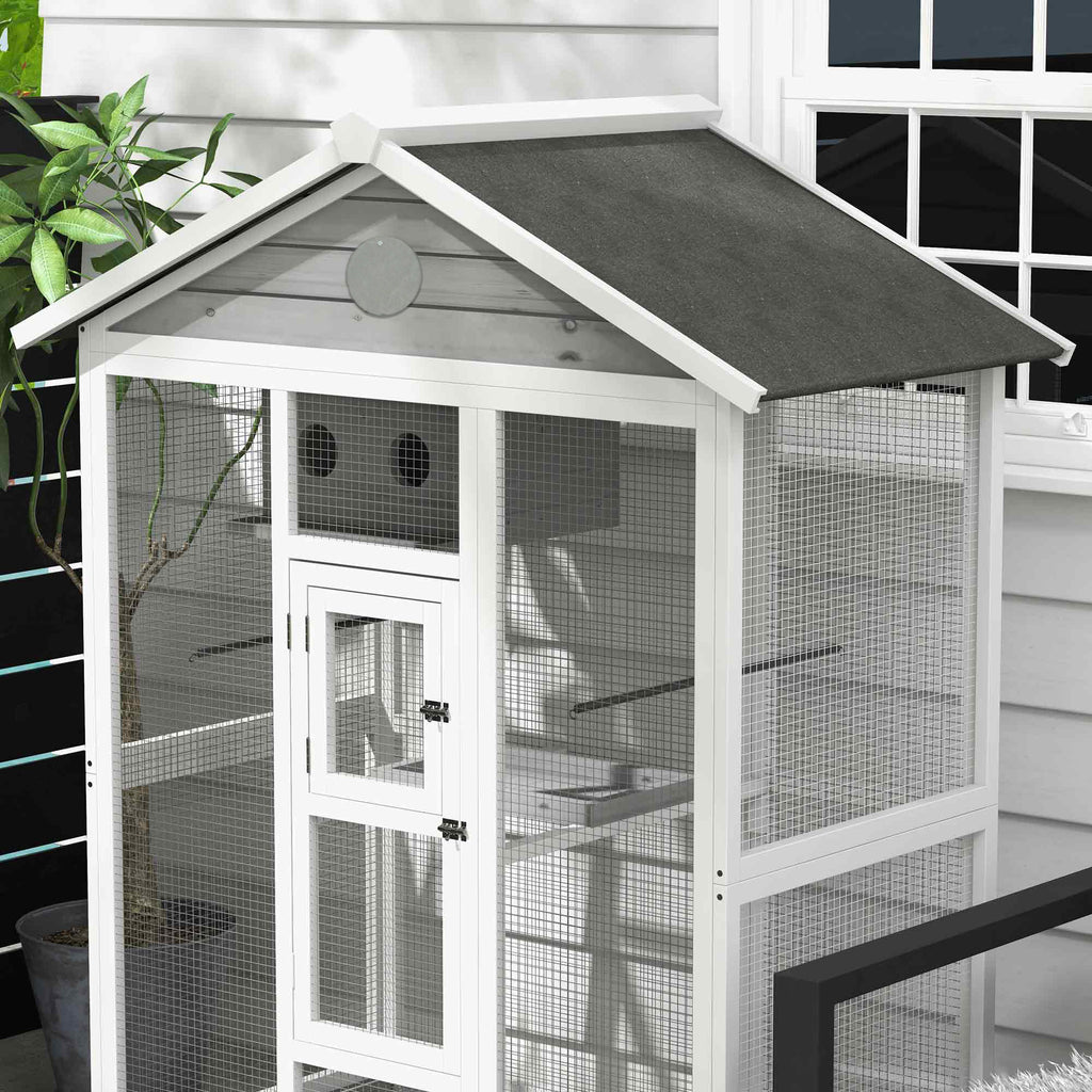 PawHut Houten vogelkooi met 4 zitstokken, asfaltdak, waterdicht, 112 x 68 x 154 cm