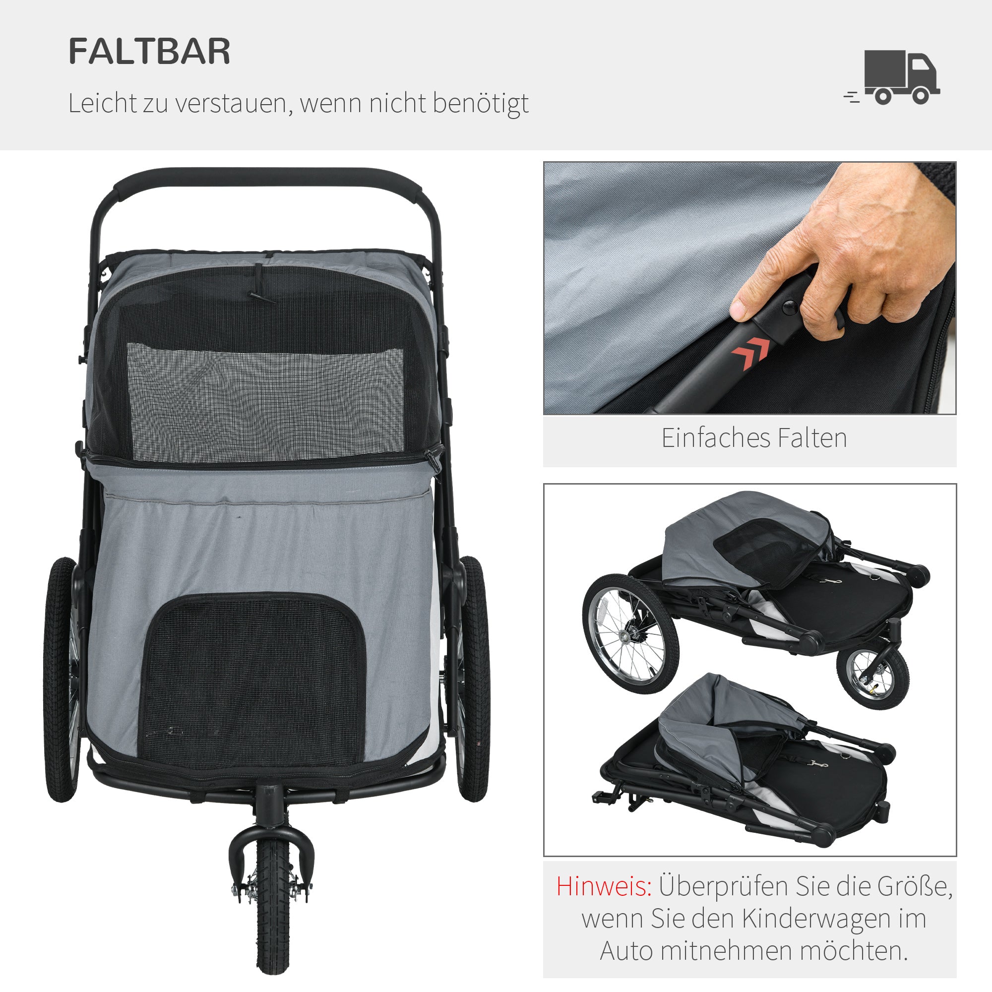 PawHut Hondenbuggy, opvouwbaar, opklapbaar, Ligkussen, Stalen frame, Grijs/Zwart