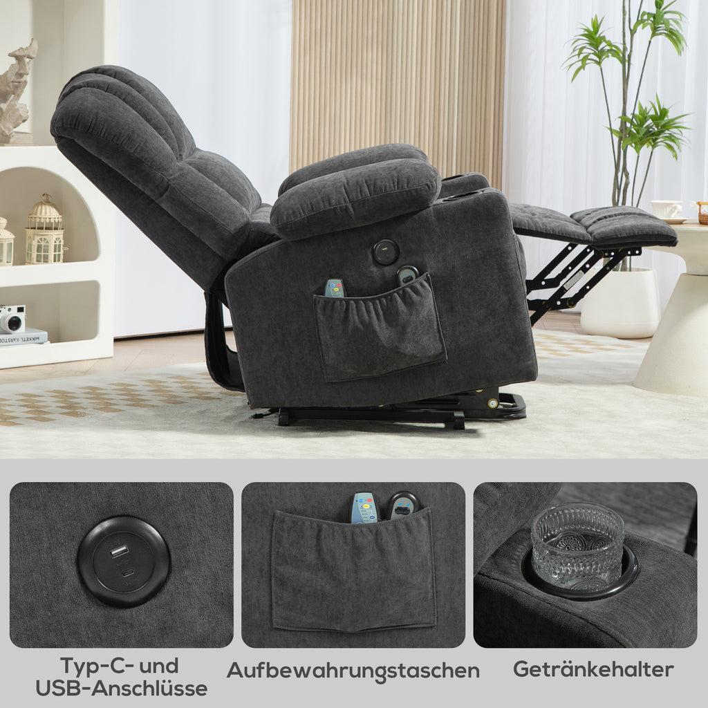HOMCOM Elektrische Power Lift Sta-op-Stoel met Massage- en Verwarmingsfunctie, USB-Aansluitingen, Bekerhouders, Donkergrijs