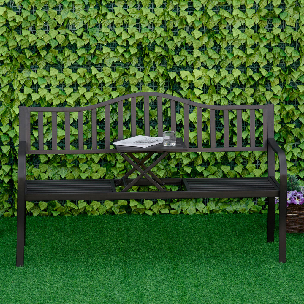 Outsunny Tuinbank met uitschuifbare tafel voor 2-3 personen Metalen parkbank Zitbank Terrasbank met rugleuning en armleuningen Tuinmeubels Zwart 150 x 58.5 x 90 cm