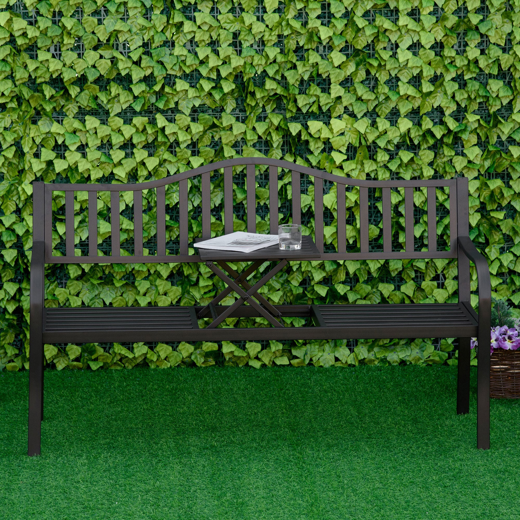 Outsunny Tuinbank met uitschuifbare tafel voor 2-3 personen Metalen parkbank Zitbank Terrasbank met rugleuning en armleuningen Tuinmeubels Zwart 150 x 58.5 x 90 cm