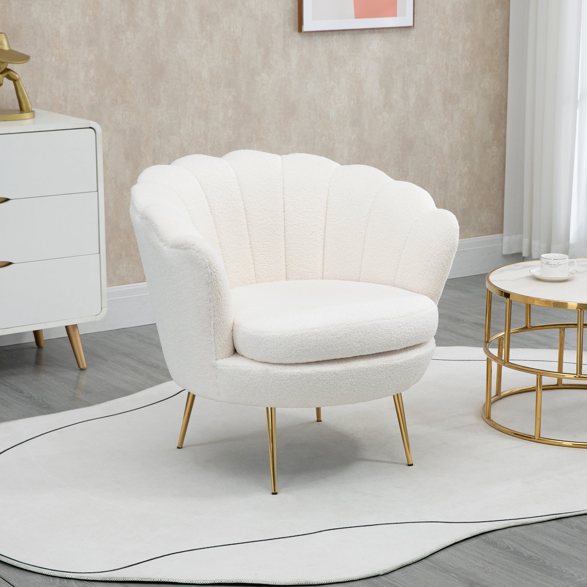 HOMCOM Fauteuil in Schelpvorm, Relaxstoel, Ontspanningsstoel, Metalen Poten in Goudlook, 79D x 77B x 77H cm, Wit