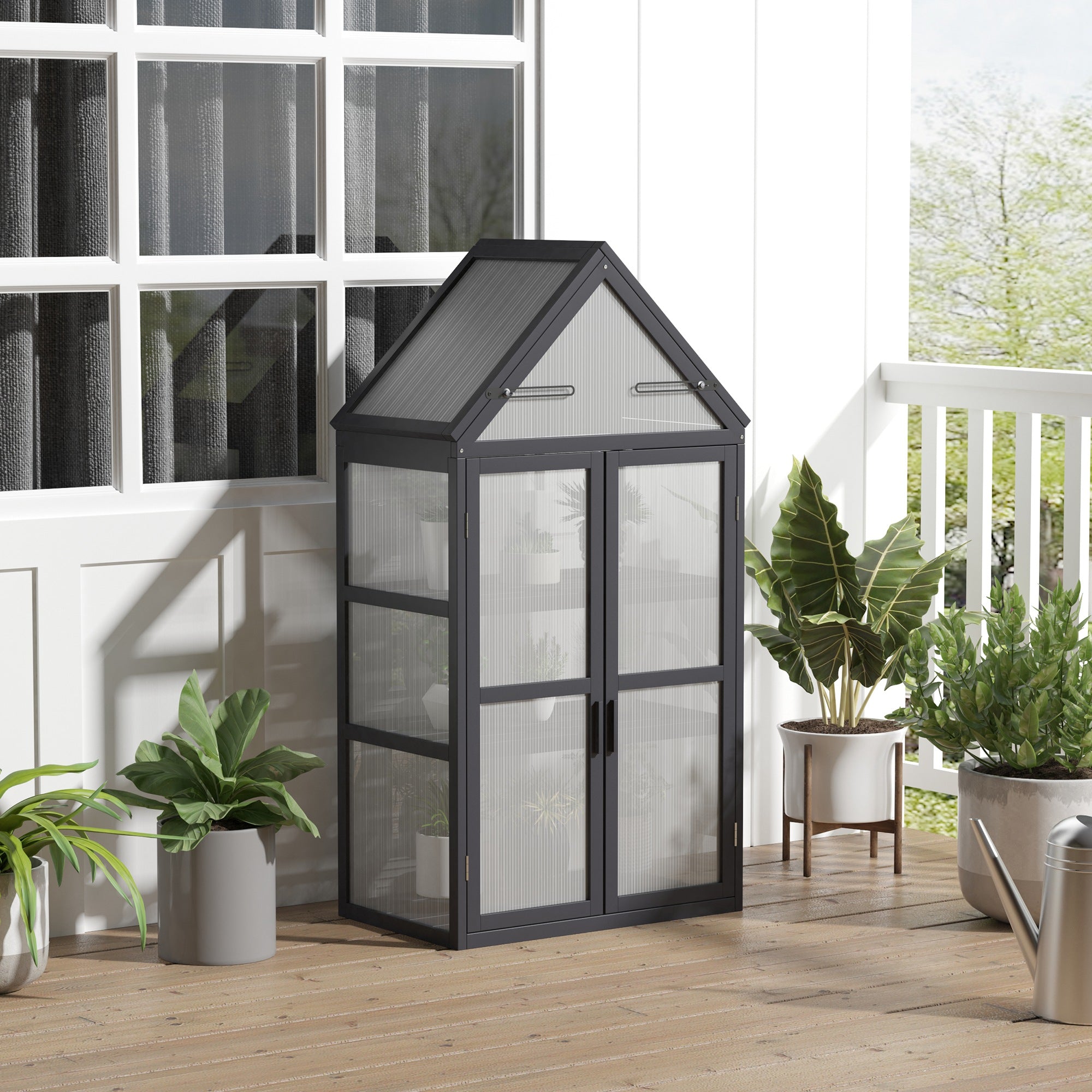 Outsunny kas met 3 planken, massief hout, behuizing van polycarbonaat, grijs, 70,5 x 42 x 132 cm