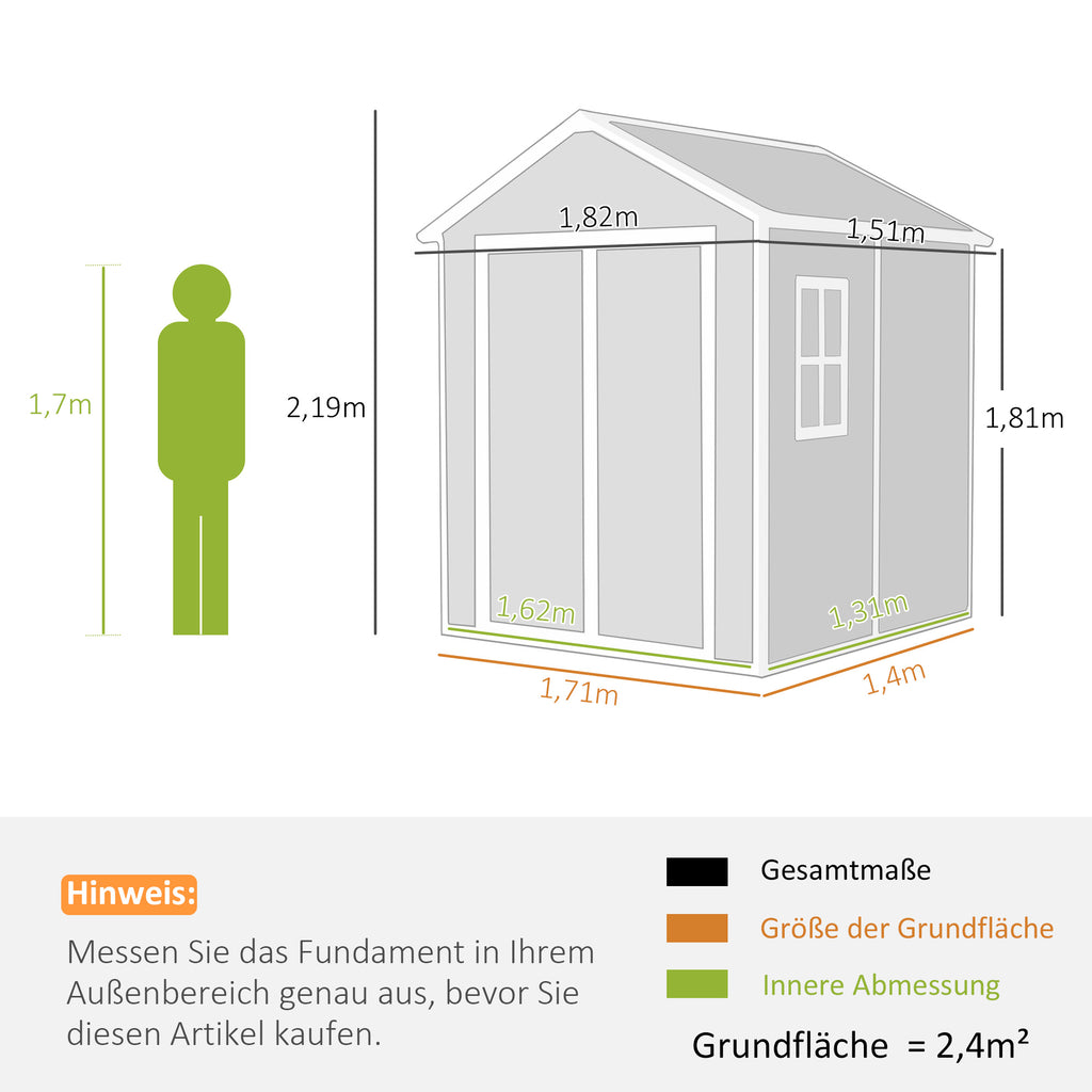Outsunny Tuinschuur, Gereedschapsschuur met Bodem, Afsluitbare Deuren, Ventilatieopeningen, Venster, Houtlook, Kunststof, Grijs