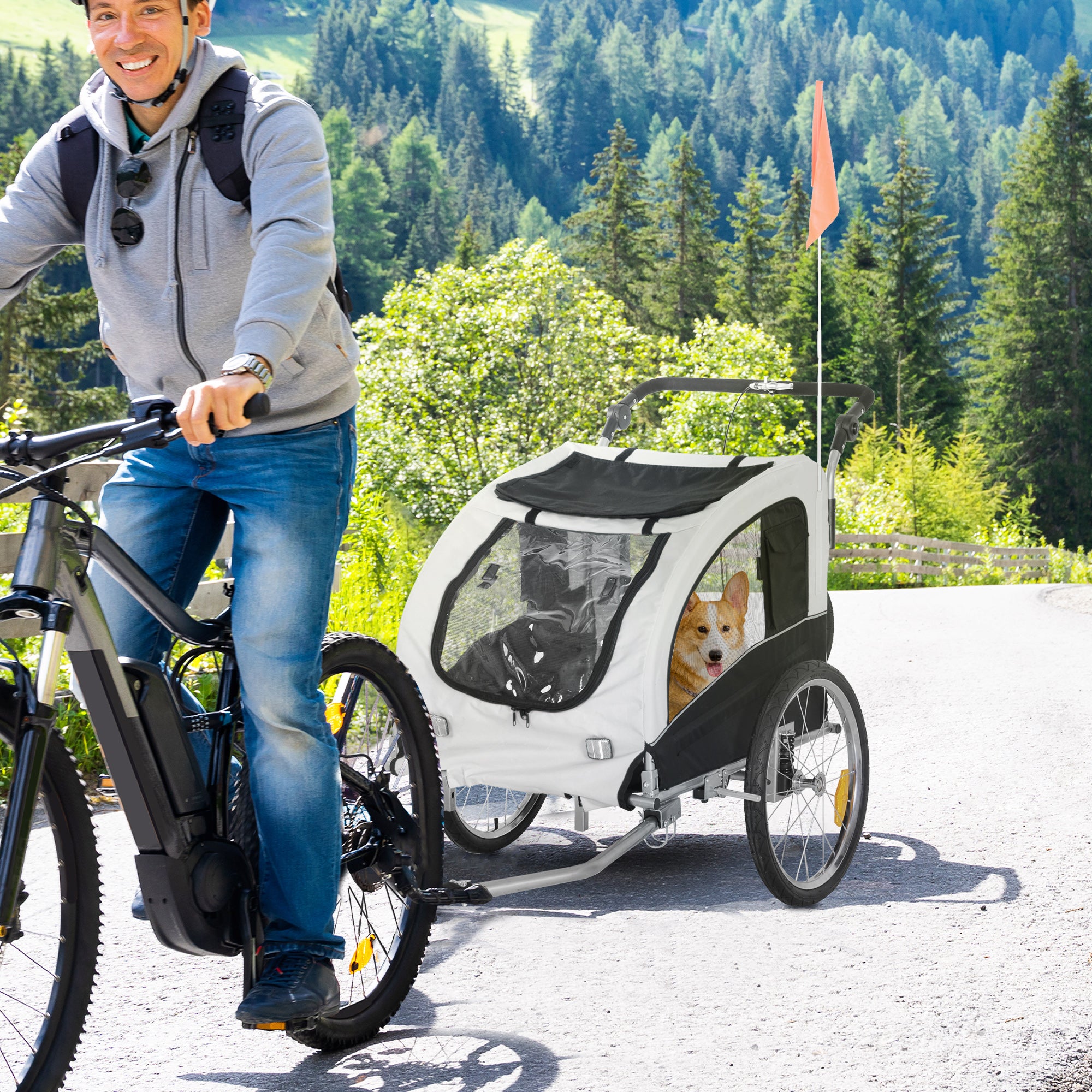 PawHut 2 in 1 hondenaanhanger fietskar jogger vlag regenhoes voor honden Wit