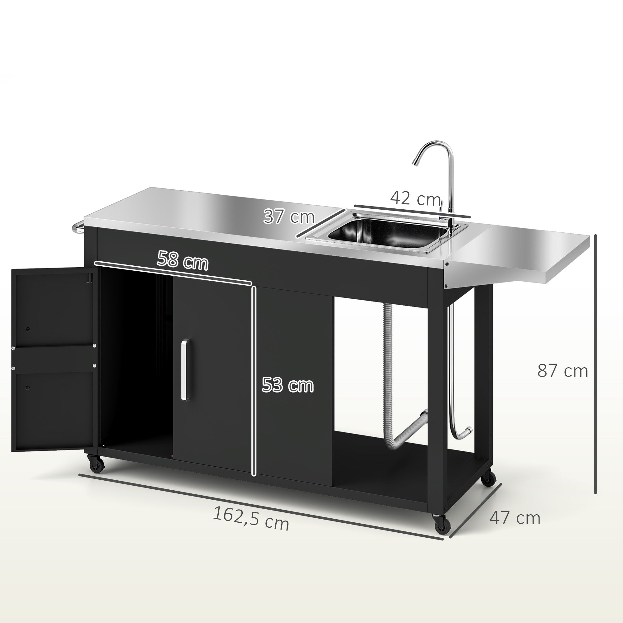 Outsunny Grillwagen Serveerwagen met Werkblad, Uitklapbare Zijplank, Kast, Spoelbak, Wielen, Roestvrij Staal 162,5x47x87cm Zwart