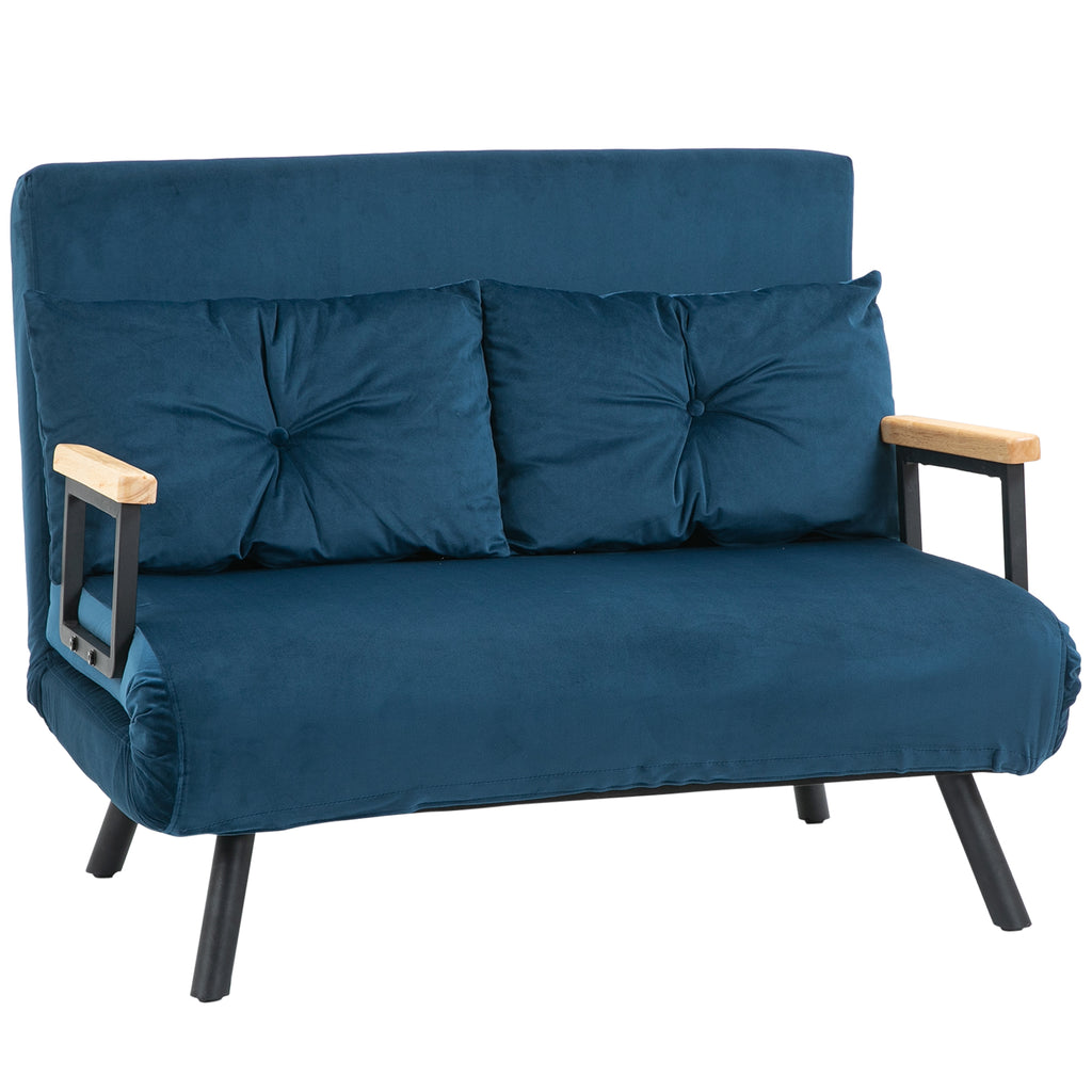 HOMCOM Slaapbank 2-zitsbank Fluweelbank, Slaapfunctie, incl. 2 Kussens, Fluweel Optiek, Natuur + Blauw