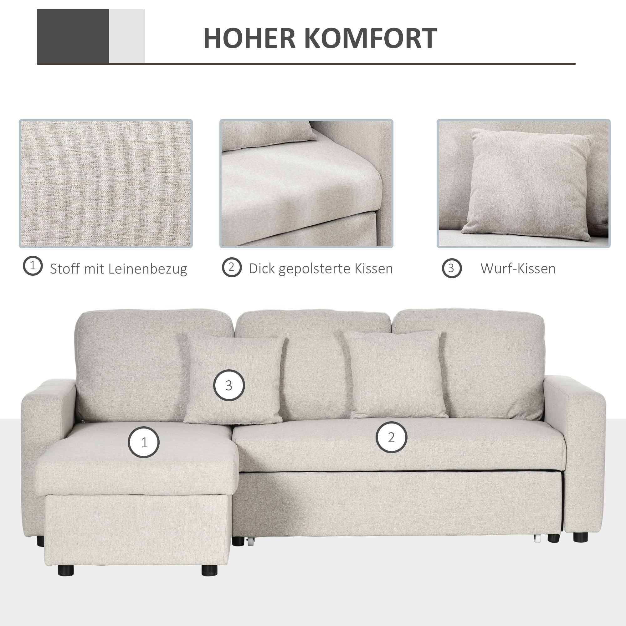 HOMCOM Slaapbank Hoekbank met Bedfunctie, inclusief 2-Zits Sofa, Eenpersoonsbed, L-vorm met Opbergruimte, 2 Kussens Crèmewit