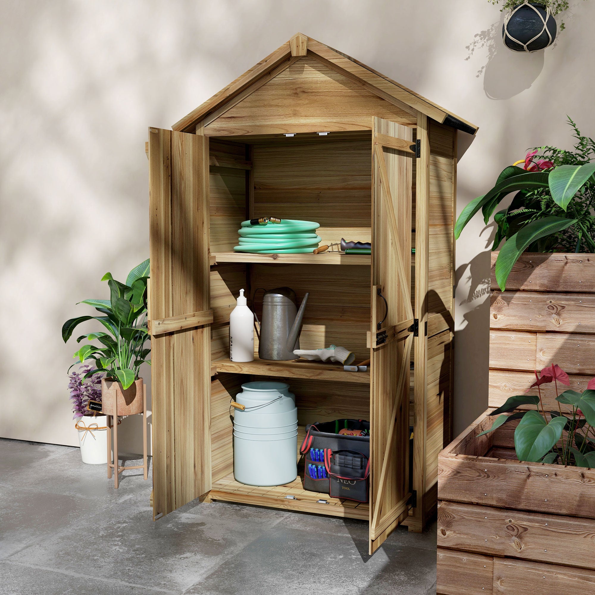 Outsunny Tuinhuis Tuinschuur Tuinkast, weerbestendig, vintage design, 102 cm x 54 cm x 177 cm, Natuur