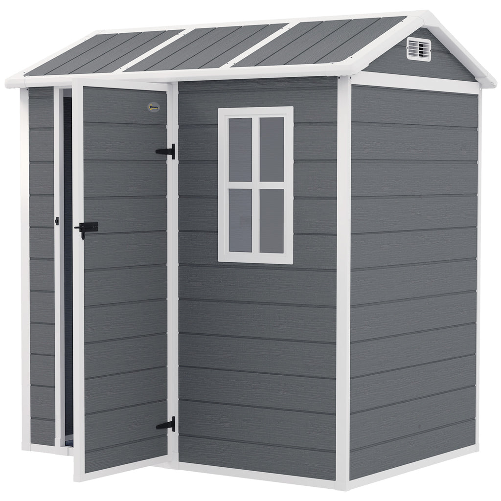 Outsunny Tuinhuis, Gereedschapsschuur met Bodem, Raam, Afsluitbare Deur, Kunststof-Harz, Weerbestendig, Grijs