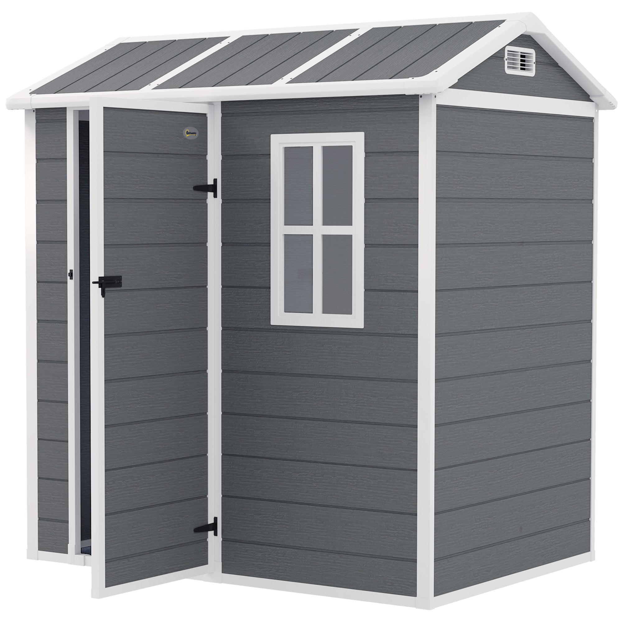 Outsunny Tuinhuis, Gereedschapsschuur met Bodem, Raam, Afsluitbare Deur, Kunststof-Harz, Weerbestendig, Grijs