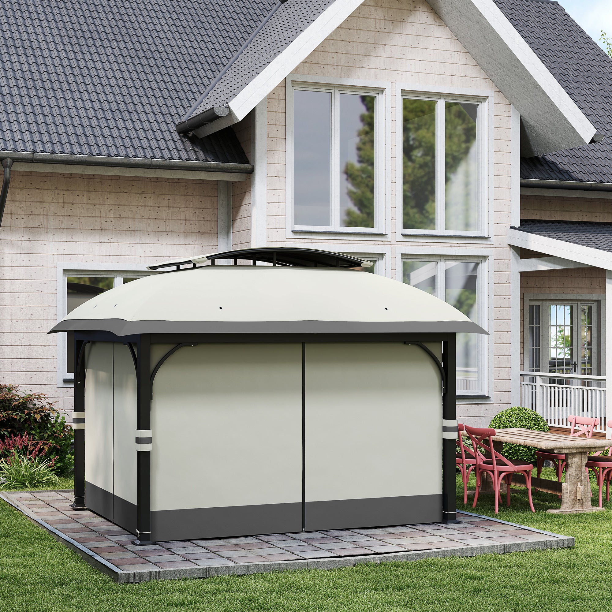 Outsunny Tuinpaviljoen, 3,3 x 4 m Partytent met Netgordijnen, Dubbeldeks Dak, Kunstleder Coating, Metalen Frame, Lichtgrijs