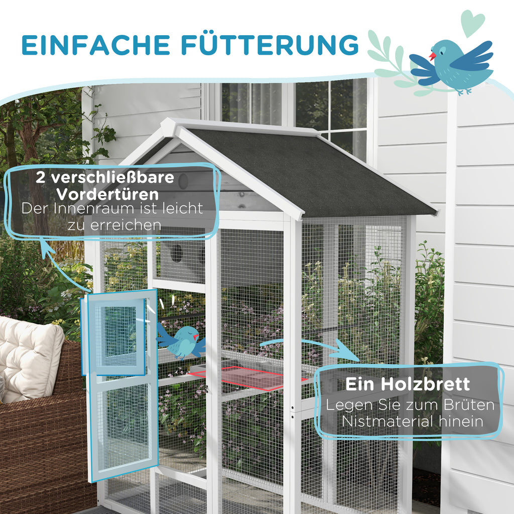 PawHut Houten vogelkooi met 4 zitstokken, asfaltdak, waterdicht, 112 x 68 x 154 cm