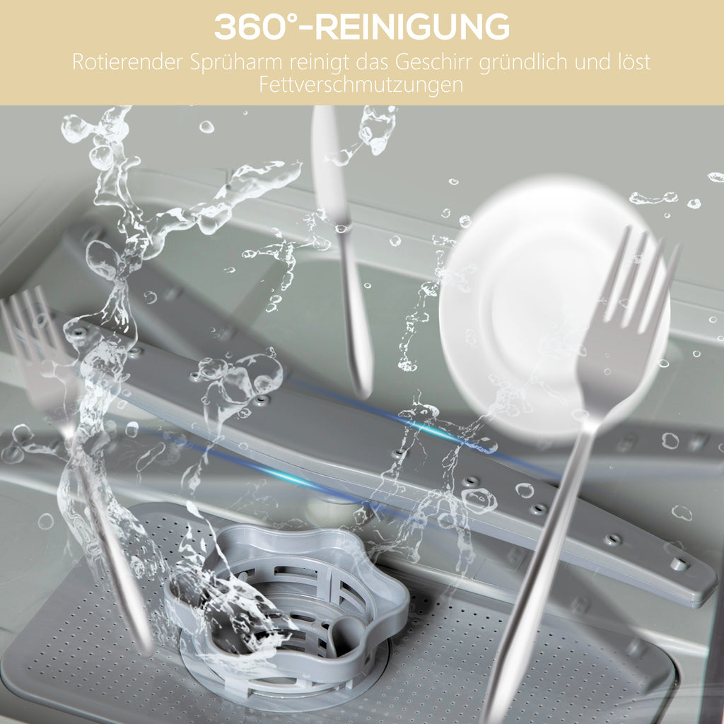 HOMCOM Compacte Tafelvaatwasser, 4 Couverts, Droogmodus, 6L Tank/Kraan, Startuitstel, LED, Wit