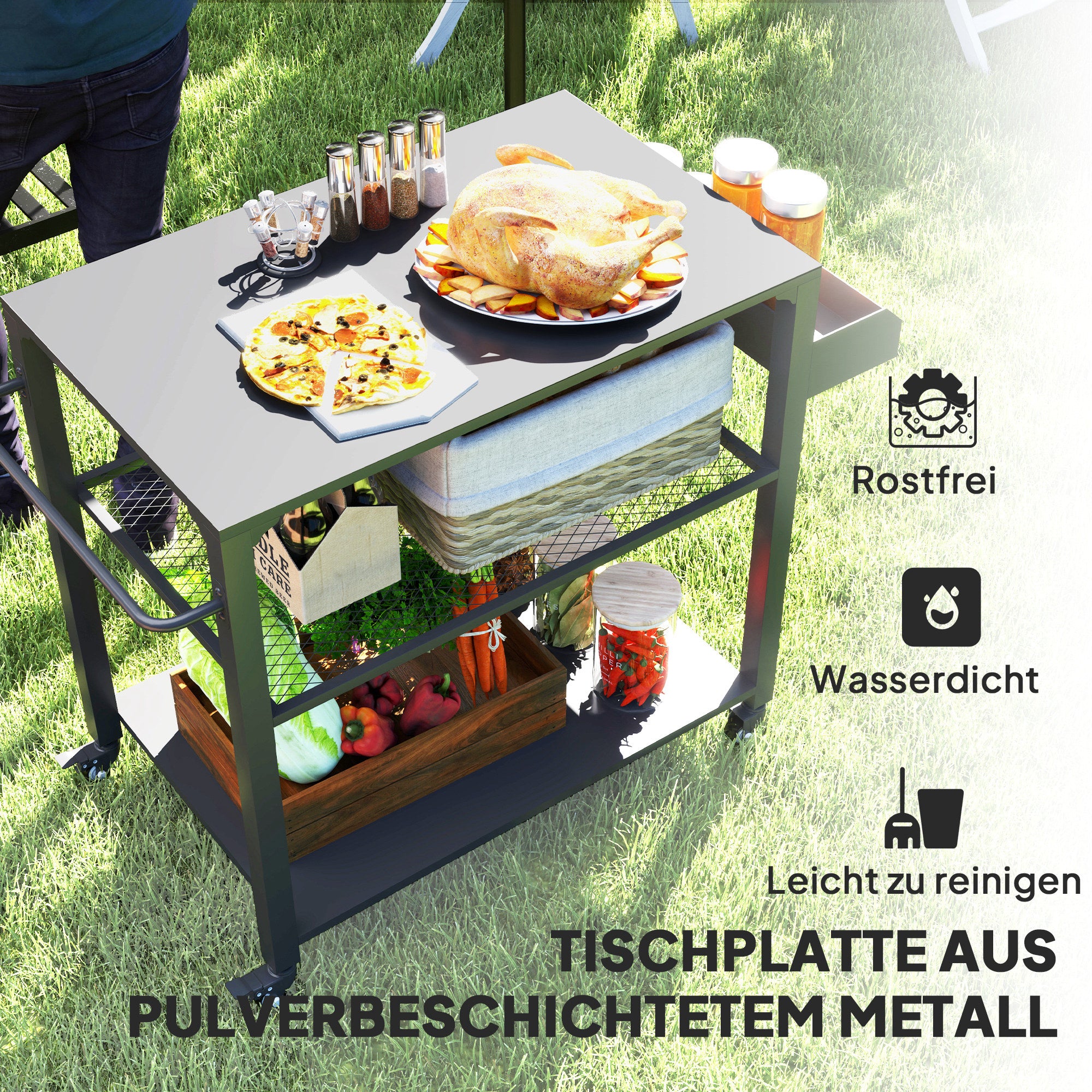 Outsunny Outdoor Keukeneiland, Grillwagen met Opbergrek, Handvat, 4 Wielen, Keukentrolley, Tuin, Terras, Metaal, Zwart