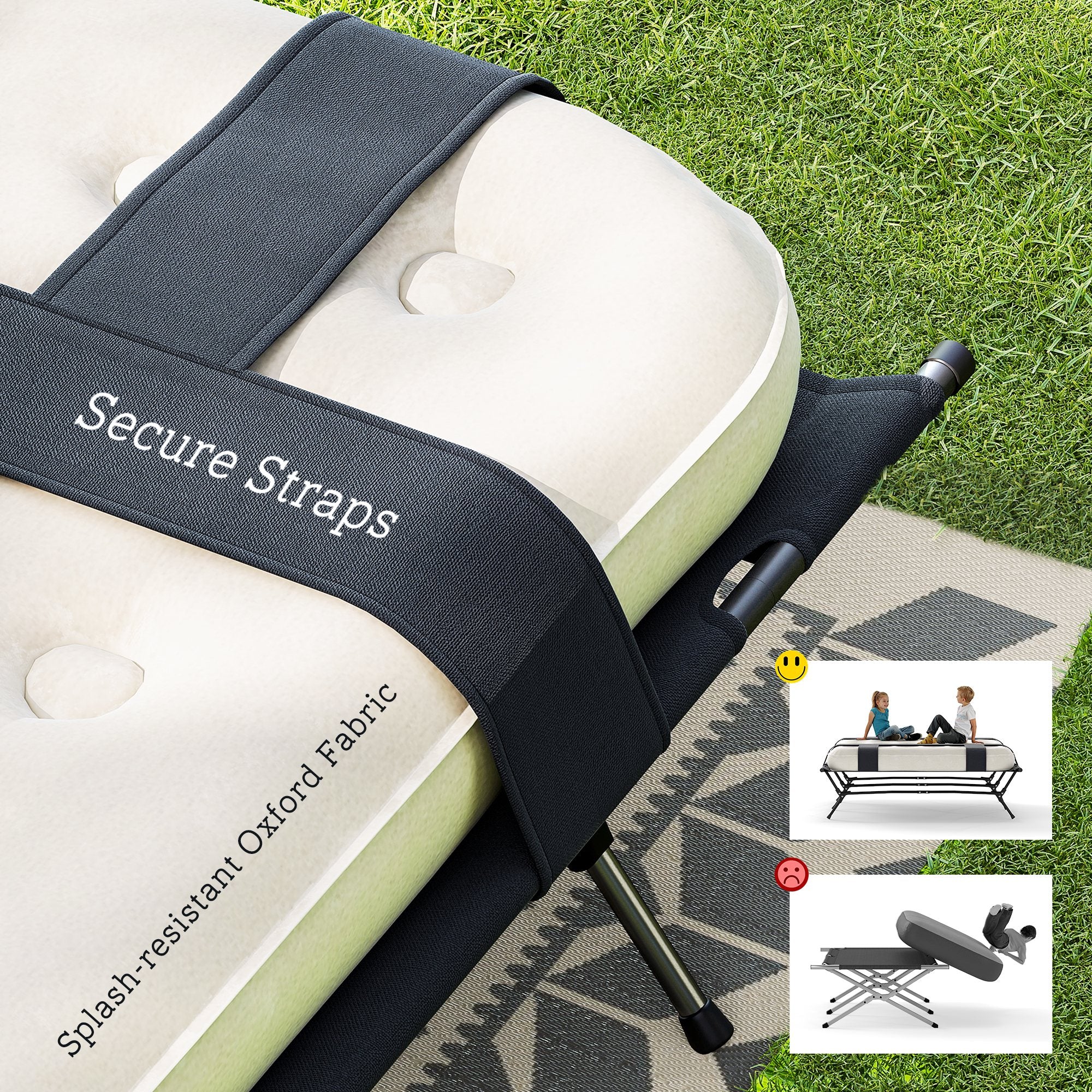 Outsunny Veldbed Kampeerbed met Luchtmatras en Pomp 200 x 153 cm Draagvermogen tot 200 kg Zwart+Khaki