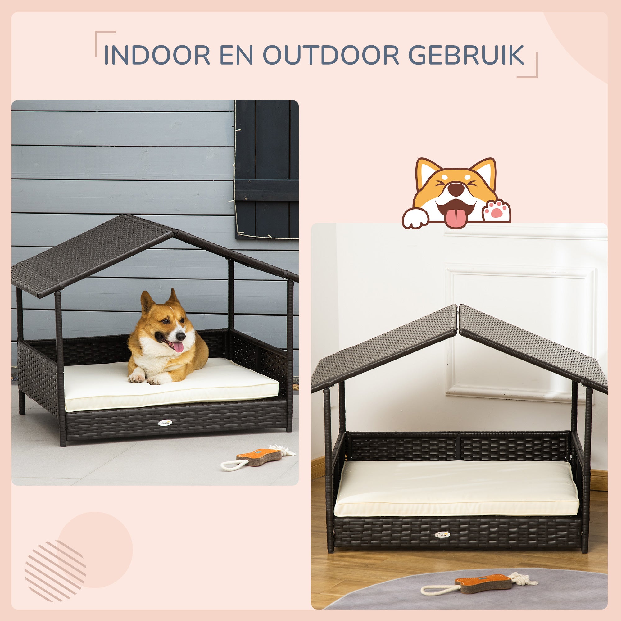 Pawhut Rotan hondenhok hondenbed met kussen in de vorm van een huis hondenhok voor buiten stalen frame PP