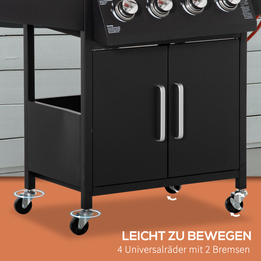 Outsunny 4+1 Gas BBQ Grill met 4 Branders en 1 Zijbrander Koolstofstaal Zwart 132 x 55 x 109 cm