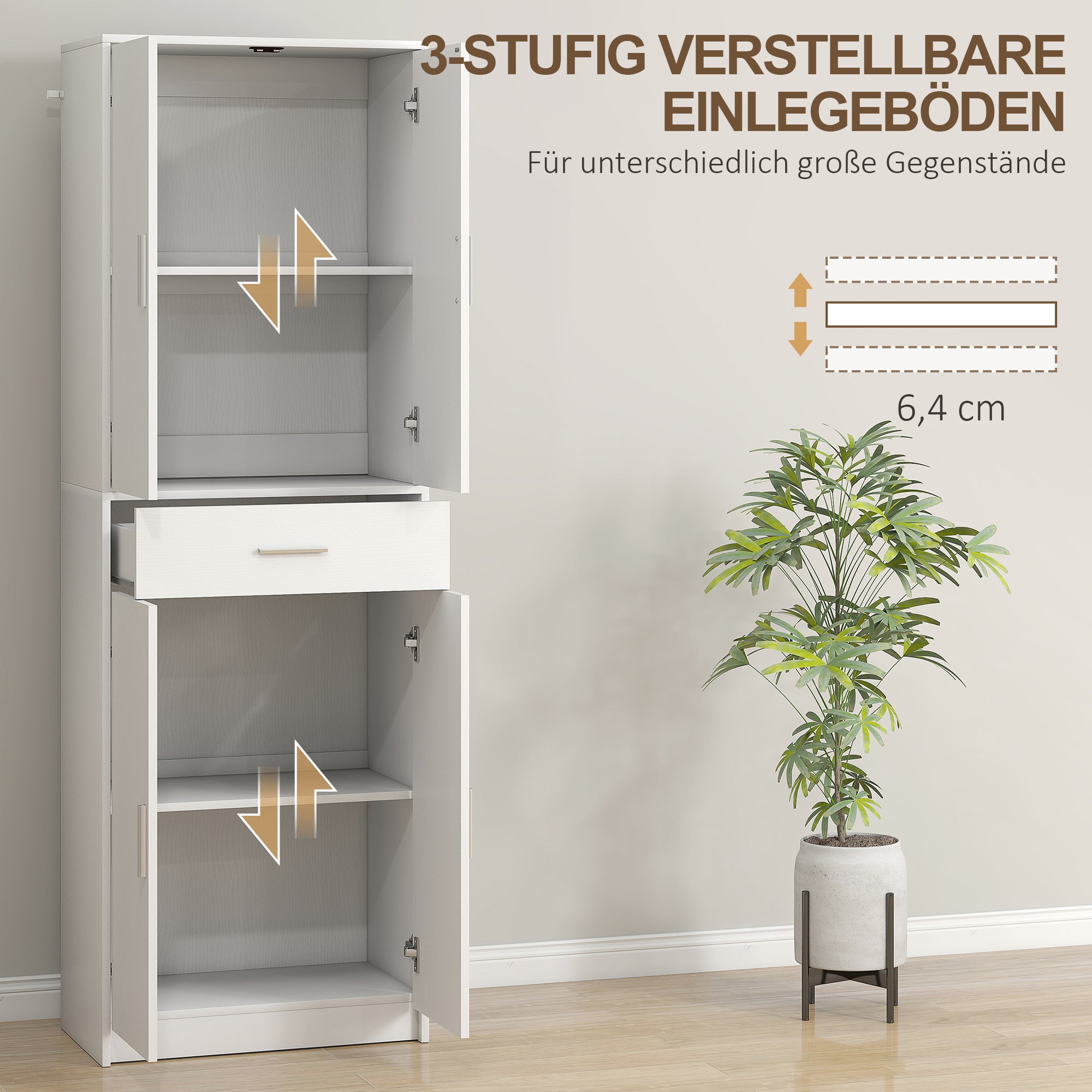 HOMCOM Keukenkast, 3-traps verstelbare planken, Spaanplaat, MDF, veel opbergruimte, Wit