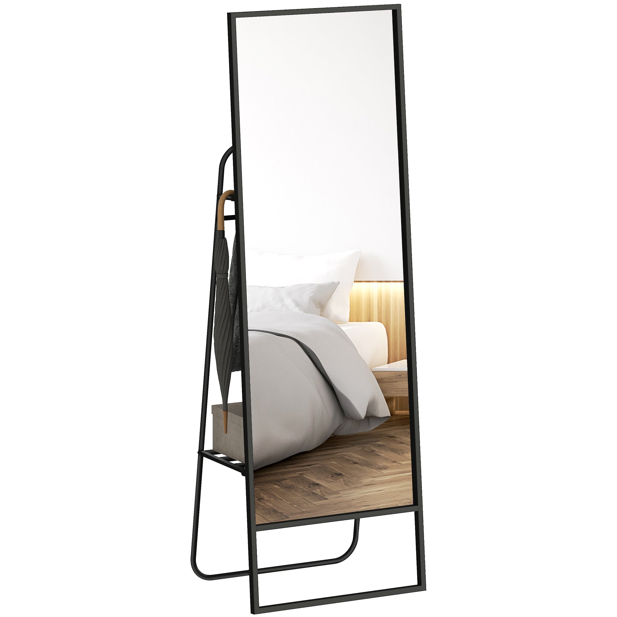 HOMCOM Volledige lichaamsspiegel, industrieel ontwerp, achterplank, 2 haken, metalen frame, voor slaapkamer, 157 x 50 cm, Zwart