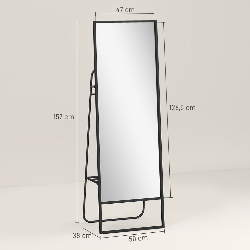HOMCOM Volledige lichaamsspiegel, industrieel ontwerp, achterplank, 2 haken, metalen frame, voor slaapkamer, 157 x 50 cm, Zwart