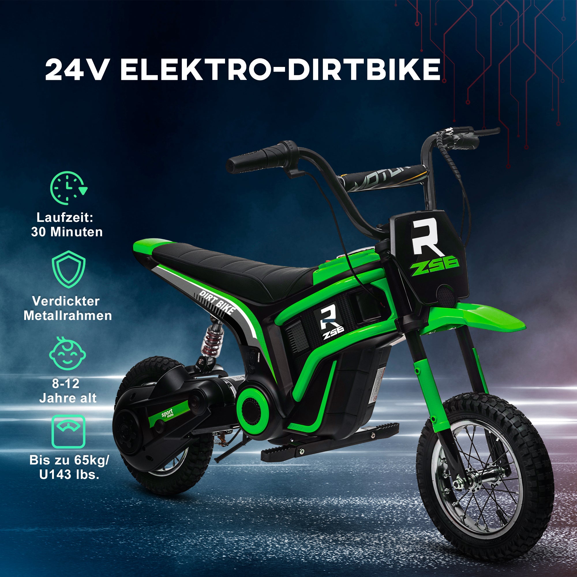 HOMCOM Elektrische Kindermotor, 24V motor, instelbare snelheid, muziek & lichten, Groen