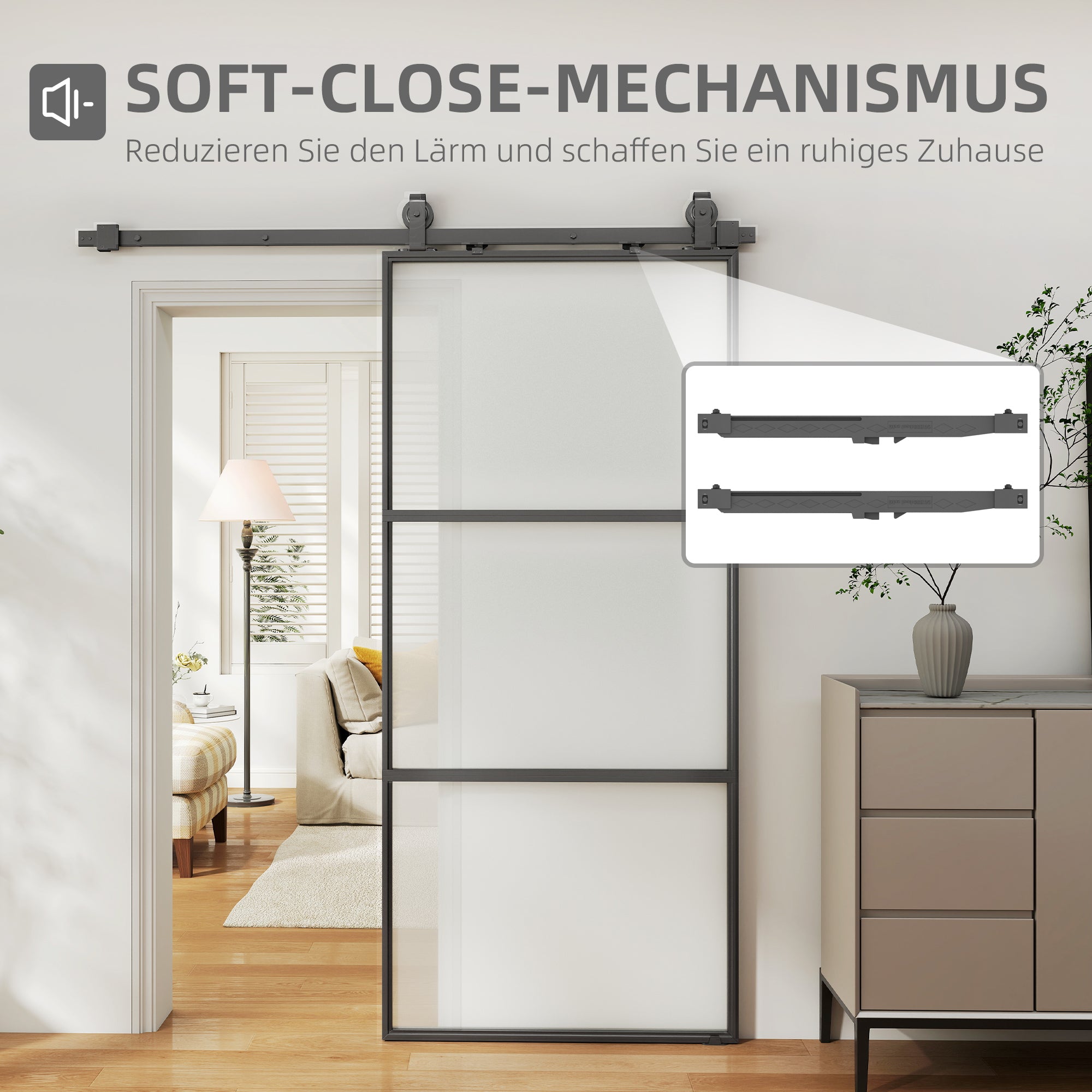 HOMCOM Schuifdeur met melkglas, railsysteem, montageset, soft-close mechanisme, eenvoudige montage, staal, zwart