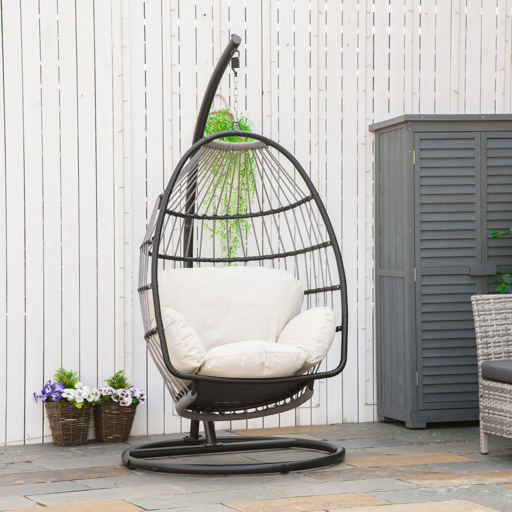 Outsunny hangstoel hangmand met frame hangende schommel hangstoel met kussenmand opvouwbaar metaal zwart + crème wit 101 x 101 x 188 cm