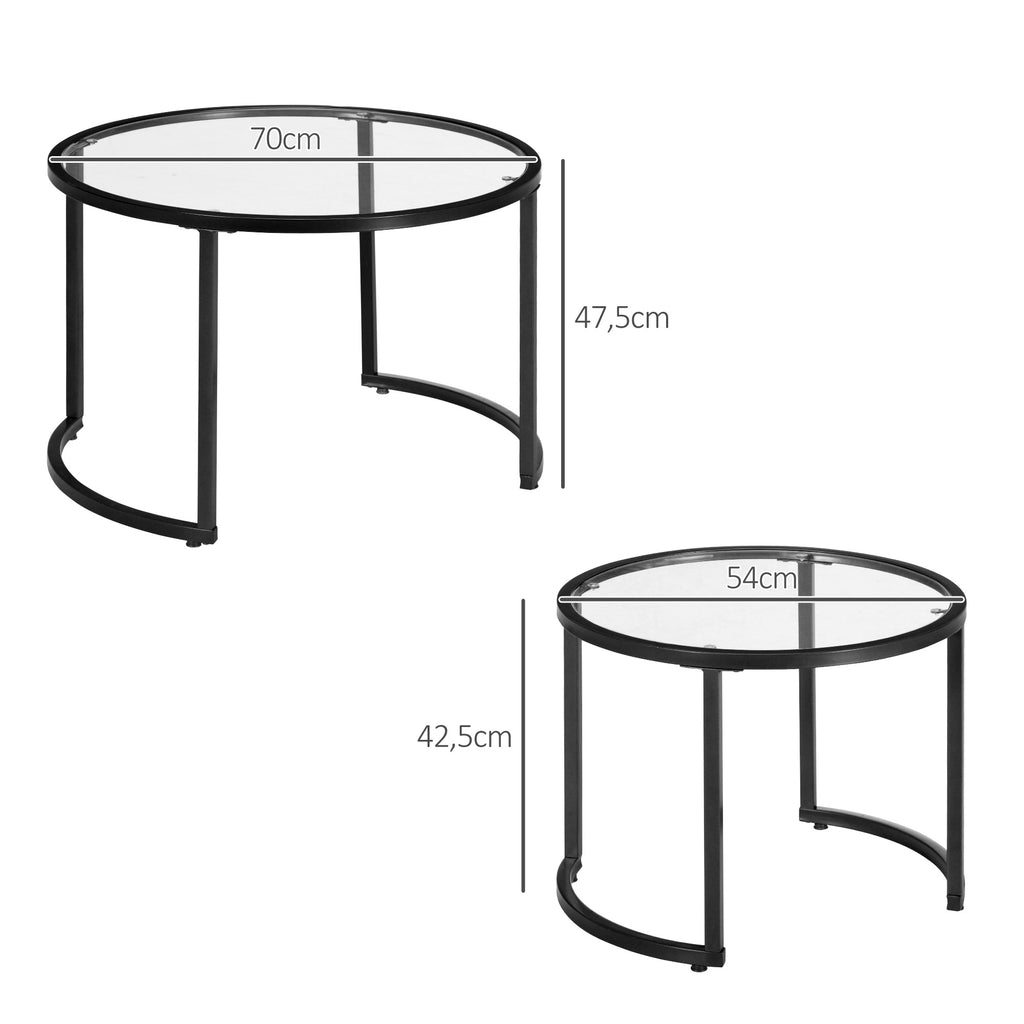 HOMCOM 2-delige Bijzettafels Salontafels Industrieel Design, Glazen Tafels, stapelbaar, Zwart + Transparant