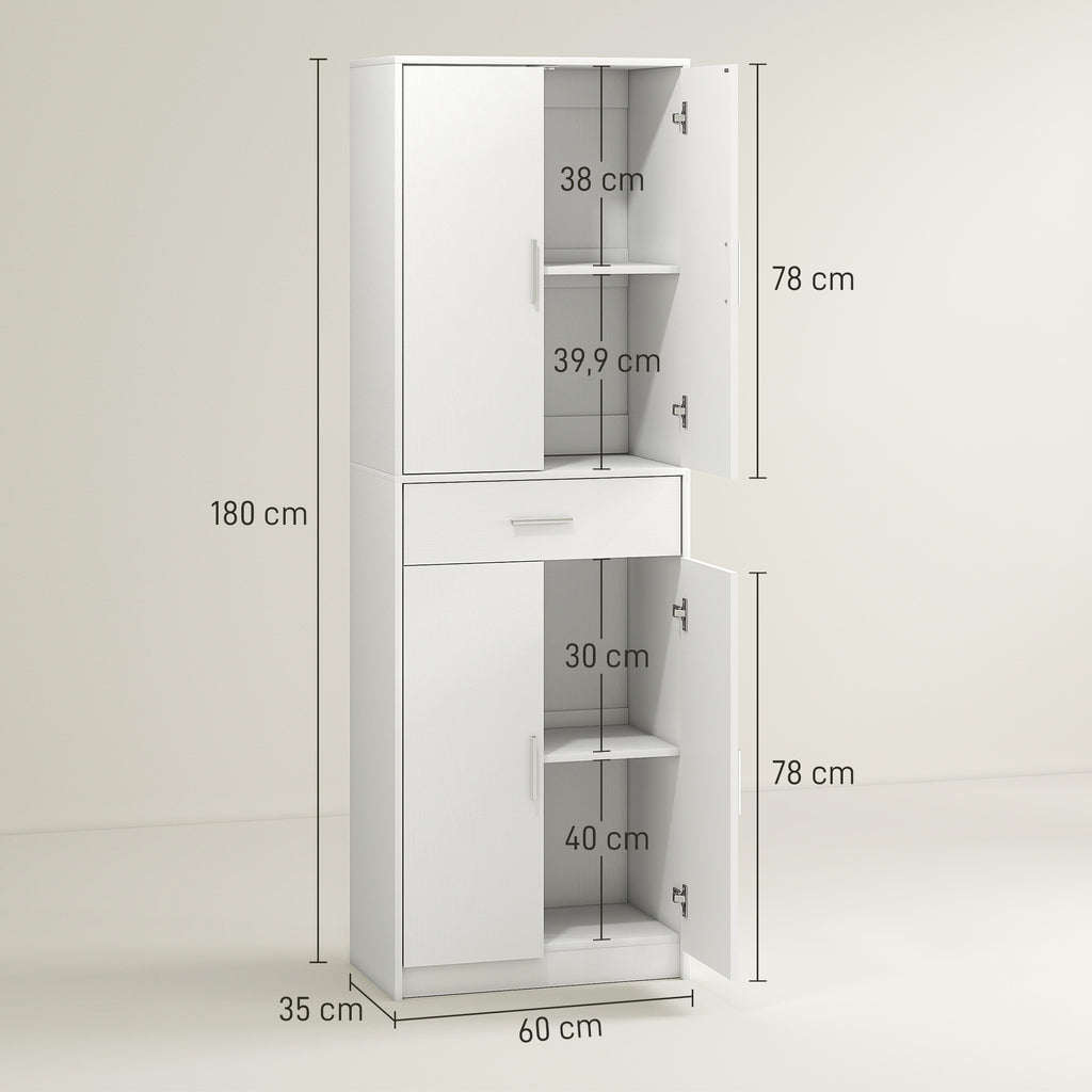 HOMCOM Keukenkast, 3-traps verstelbare planken, Spaanplaat, MDF, veel opbergruimte, Wit