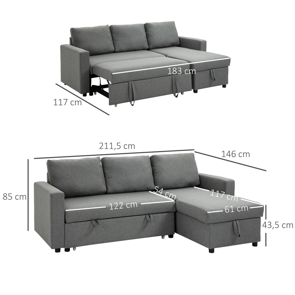 HOMCOM hoekbank met slaapfunctie opbergruimte hoekbank met bedstee chaise longue slaapbank stoffen bank L-vorm linnen touch lichtgrijs 211,5 x 146 x 85 cm