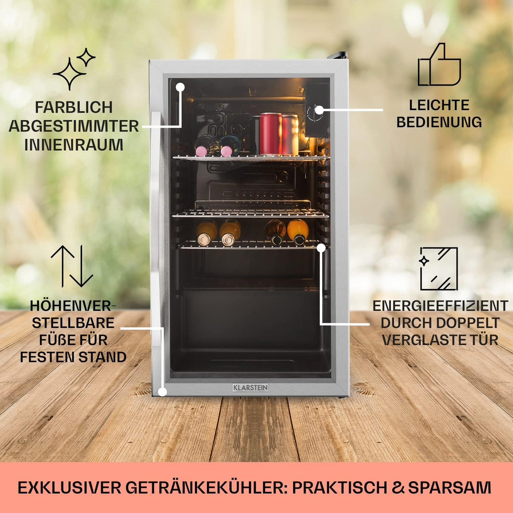 Klarstein Mini Koelkast met Glazen Deur voor Kamer, Drankenkoelkast met Verstelbare Planken, Klein 80 Liter, Indoor/Outdoor Koelkast Stil