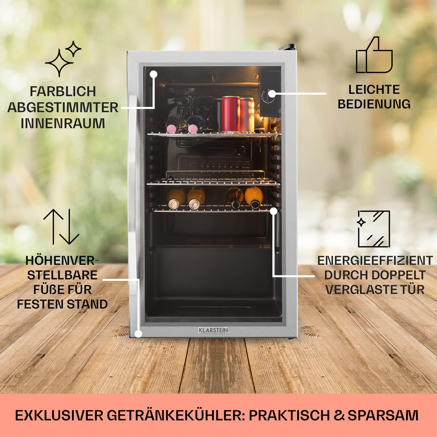 Klarstein Mini Koelkast met Glazen Deur voor Kamer, Drankenkoelkast met Verstelbare Planken, Klein 80 Liter, Indoor/Outdoor Koelkast Stil