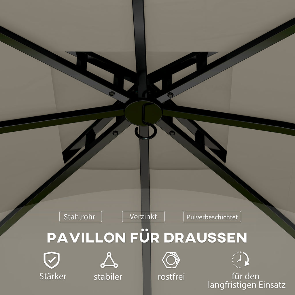 Outsunny 3,4 x 3,4 m Tuinpaviljoen, Feesttent met Ventilatiedak, Boogvensters, Stalen Frame, Lichtgrijs