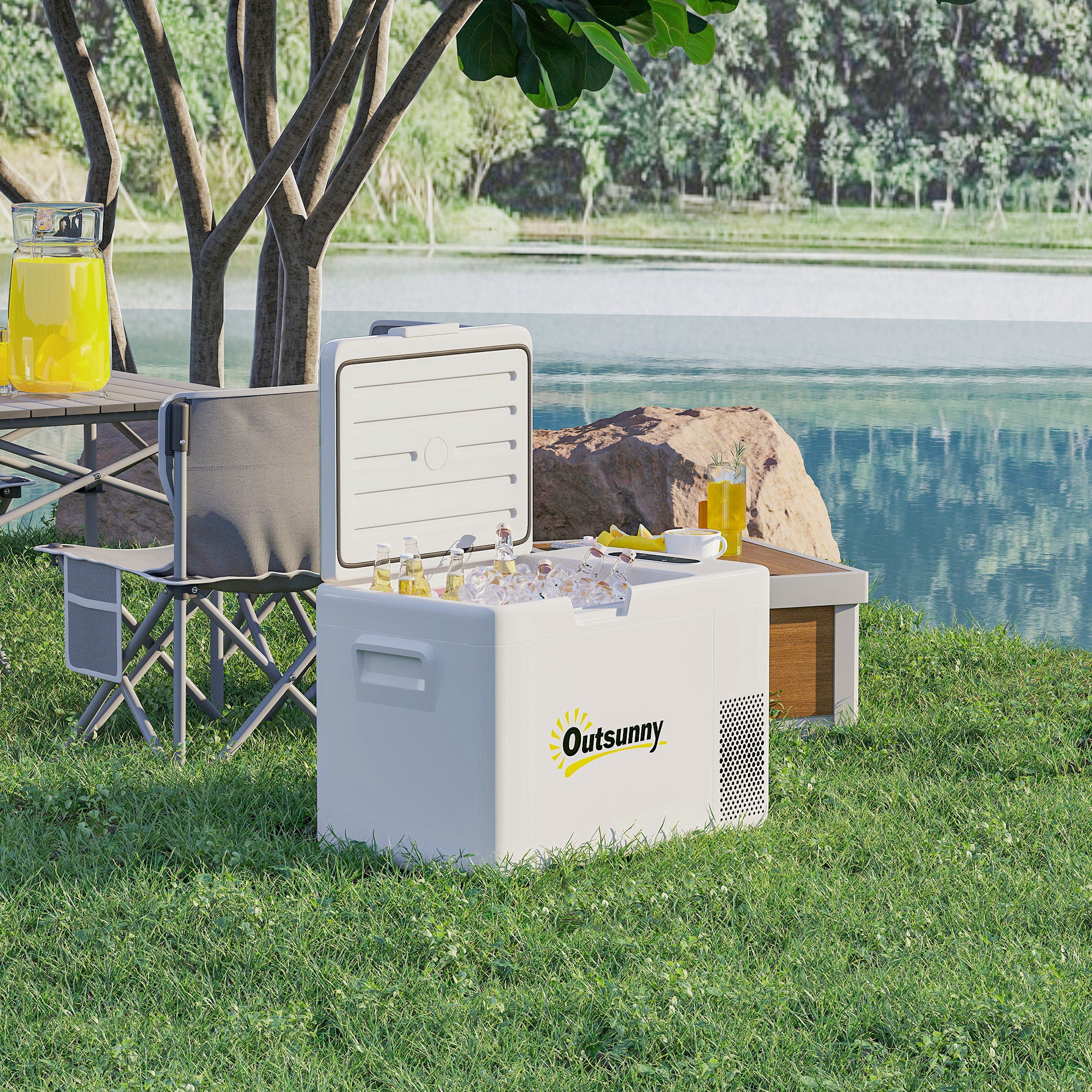 Outsunny 22 Liter Campingkoelkast, Autokoelkast, Koelbox met LED-Licht, AC- en DC-Adapter, Stille Werking, Crèmewit