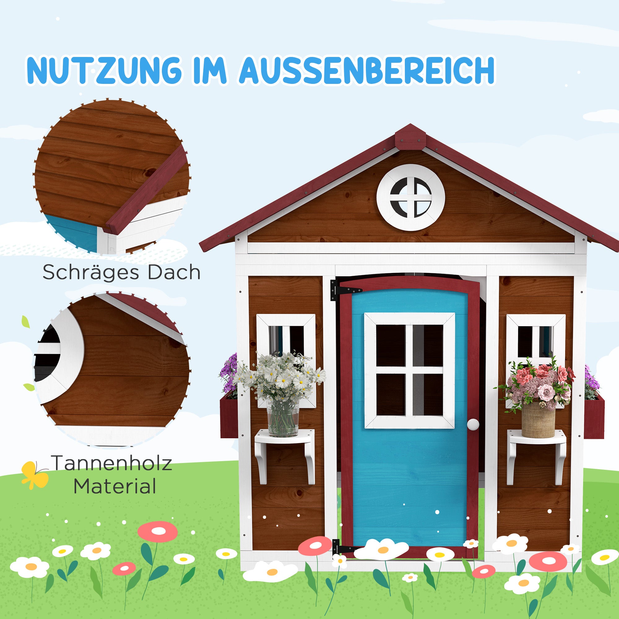 Outsunny Kinderspeelhuis van hout voor buiten, met ramen, bloempotten, ideaal voor kinderen van 3-8 jaar, Blauw