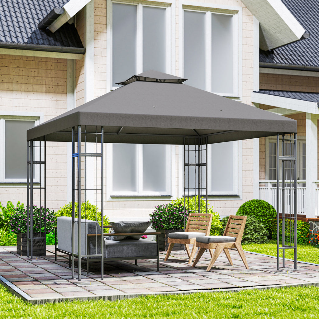 Outsunny 3 x 3 m Tuinpaviljoen, 2-Laags Dakontwerp, UV30+ Bescherming, UV-bestendig, Zonbescherming, Metalen Frame, Donkergrijs