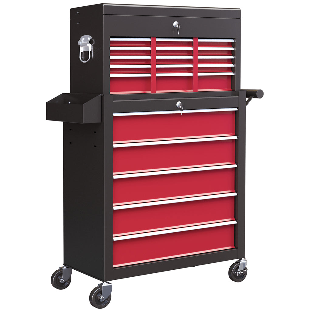 HOMCOM Gereedschapswagen, Tweedelig, Afsluitbaar, 14 Laden, Zijwand met Gaten, Staal, Rood
