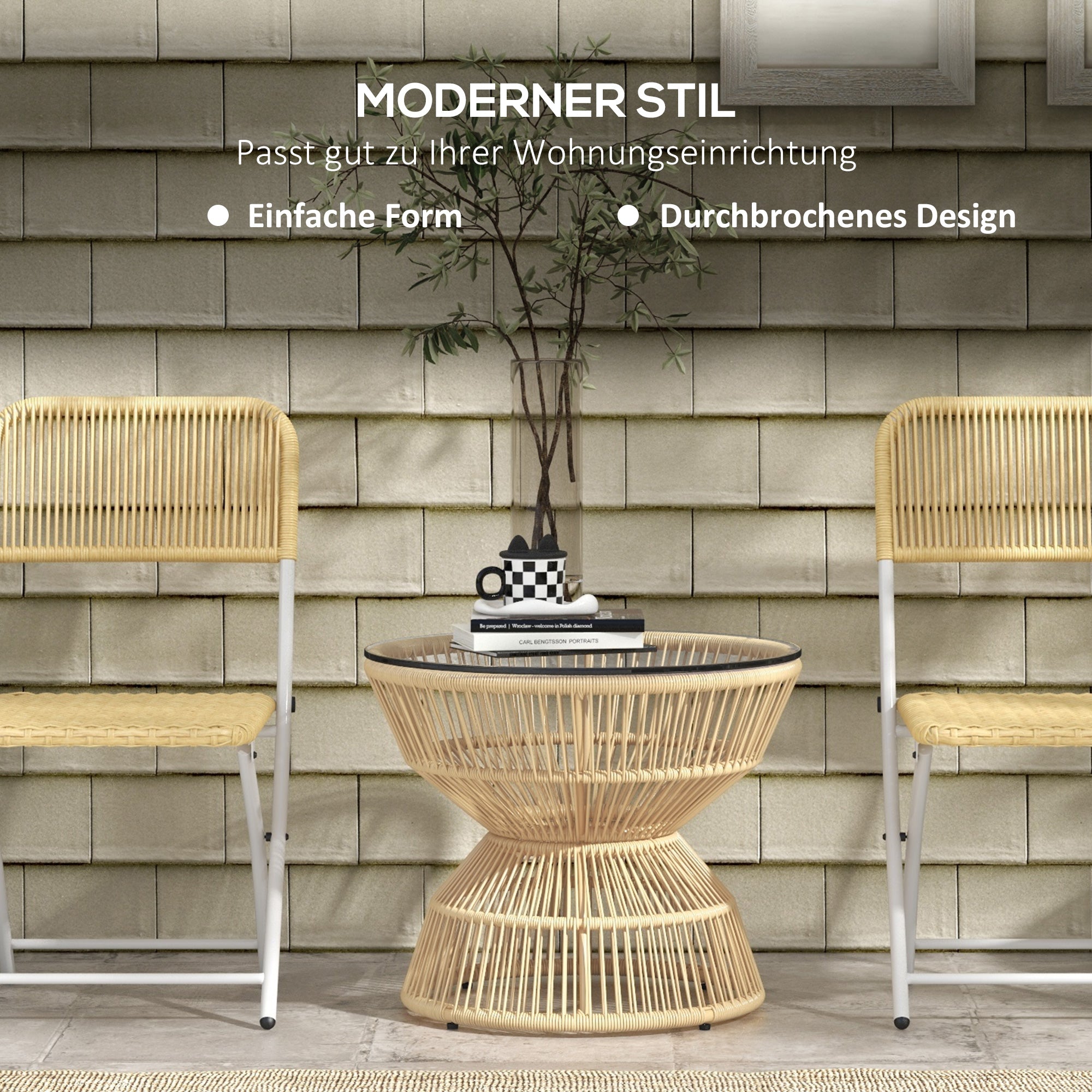 Outsunny Buitentafel Bijzettafel Tuinmeubel Rattan Bijzettafel, Glazen Blad, PE-Rattan, 60 cm x 60 cm x 50 cm, Natuurlijk