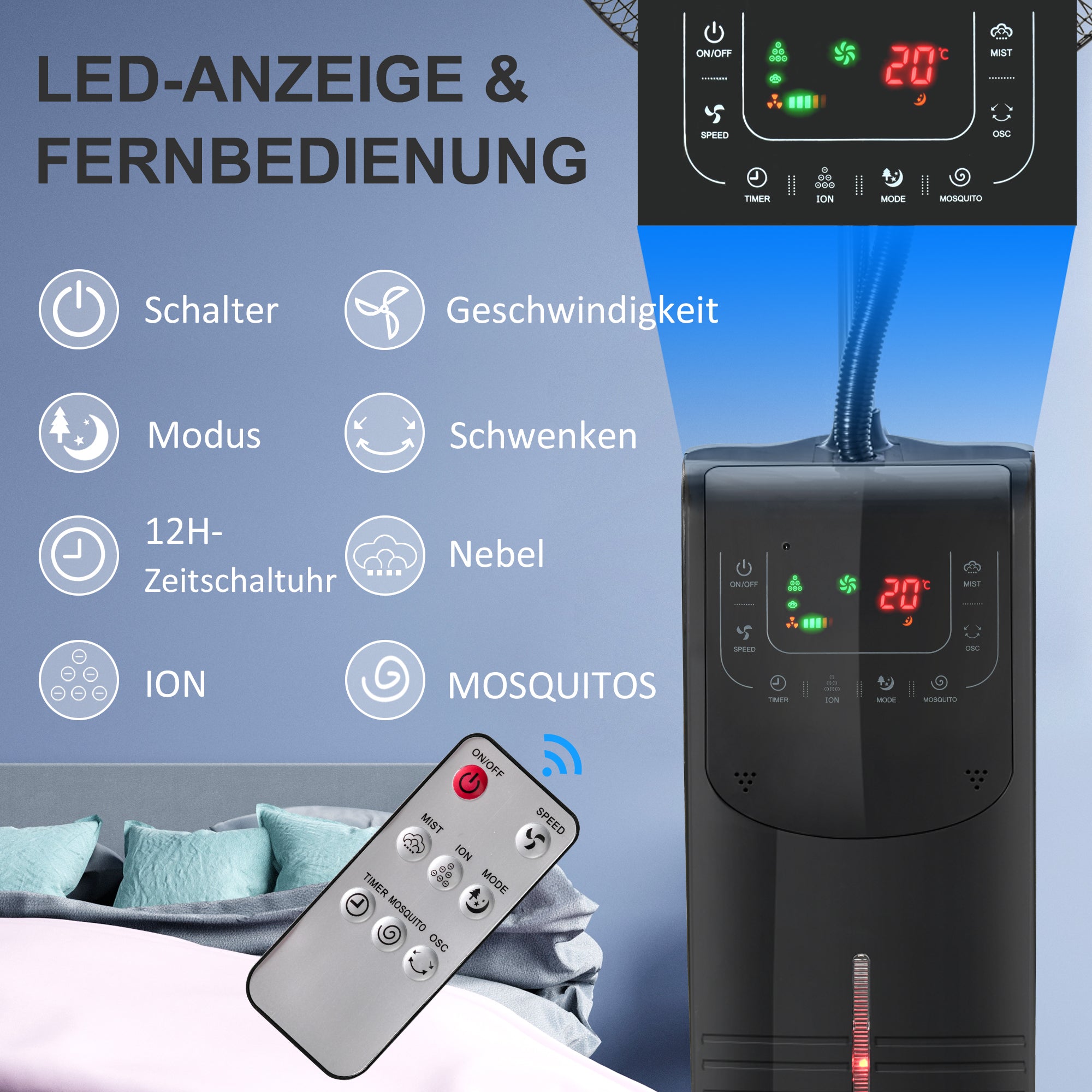 HOMCOM Statiefventilator met 3,1 liter waterverstuiver ventilator hoogte 135 cm 3 modi