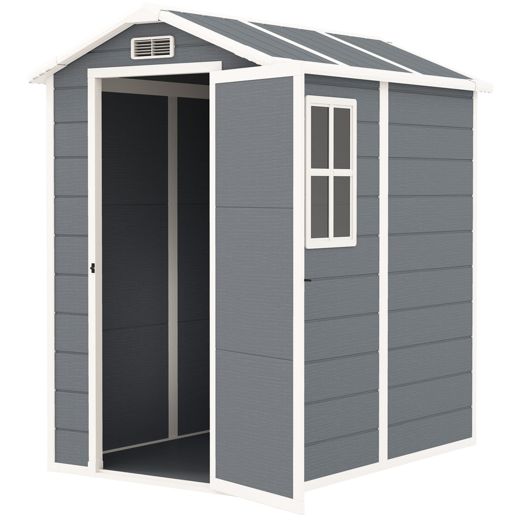 Outsunny Tuinschuur, Kunststof Tuinhuis met Vloer, Venster, Vergrendelbare Deuren, voor Tuin, 131B x 186D x 198H cm, Grijs