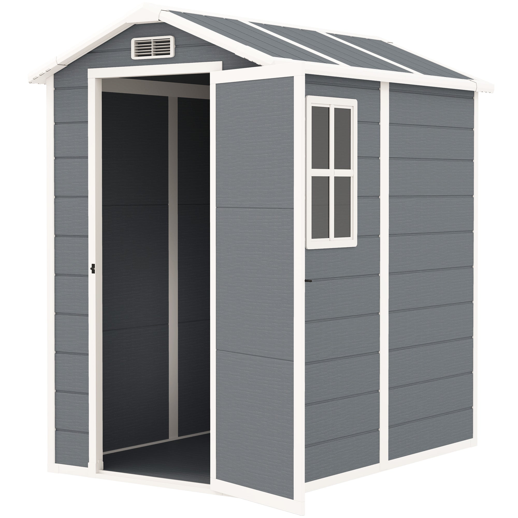 Outsunny Tuinschuur, Kunststof Tuinhuis met Vloer, Venster, Vergrendelbare Deuren, voor Tuin, 131B x 186D x 198H cm, Grijs