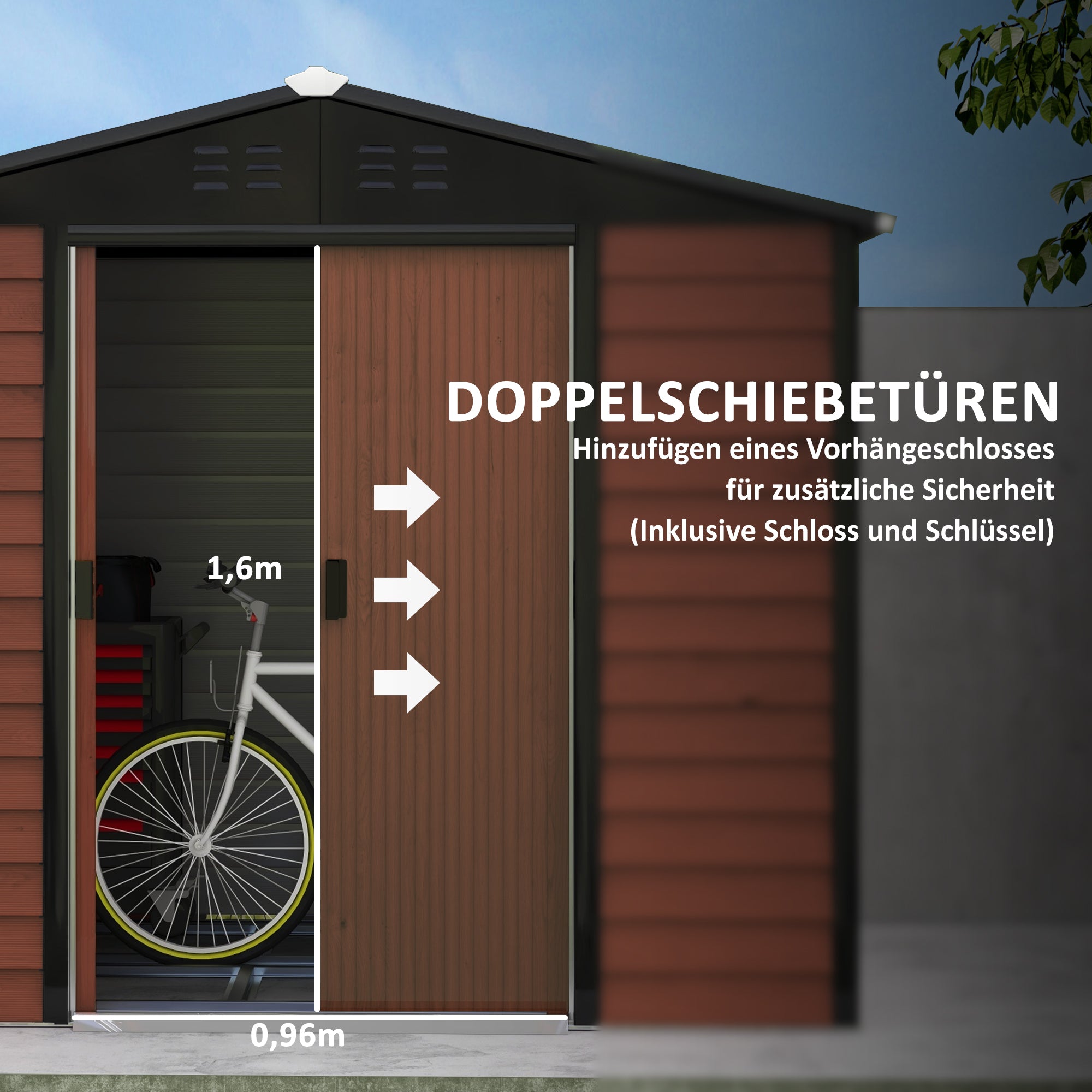 Outsunny Metalen Tuinschuur, Weerbestendig & Roestvrij, Afsluitbaar, 2,40 x 2,06 x 1,98 m, Teak
