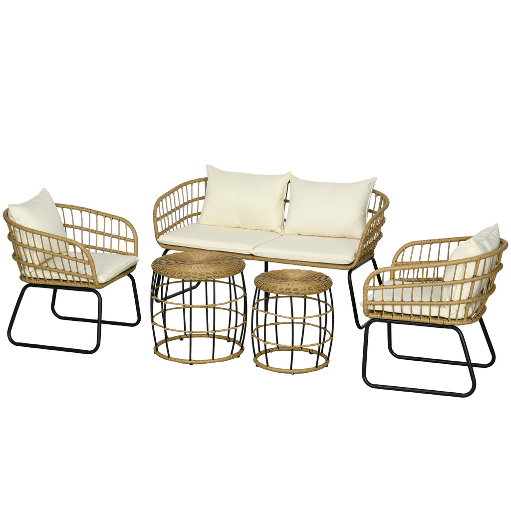 Outsunny Lounge-Set Rattan Zitgroep, Buitenmeubelset in Boho-stijl, 5-delig, 145 x 70 x 78 cm, Crème + Natuur + Zwart