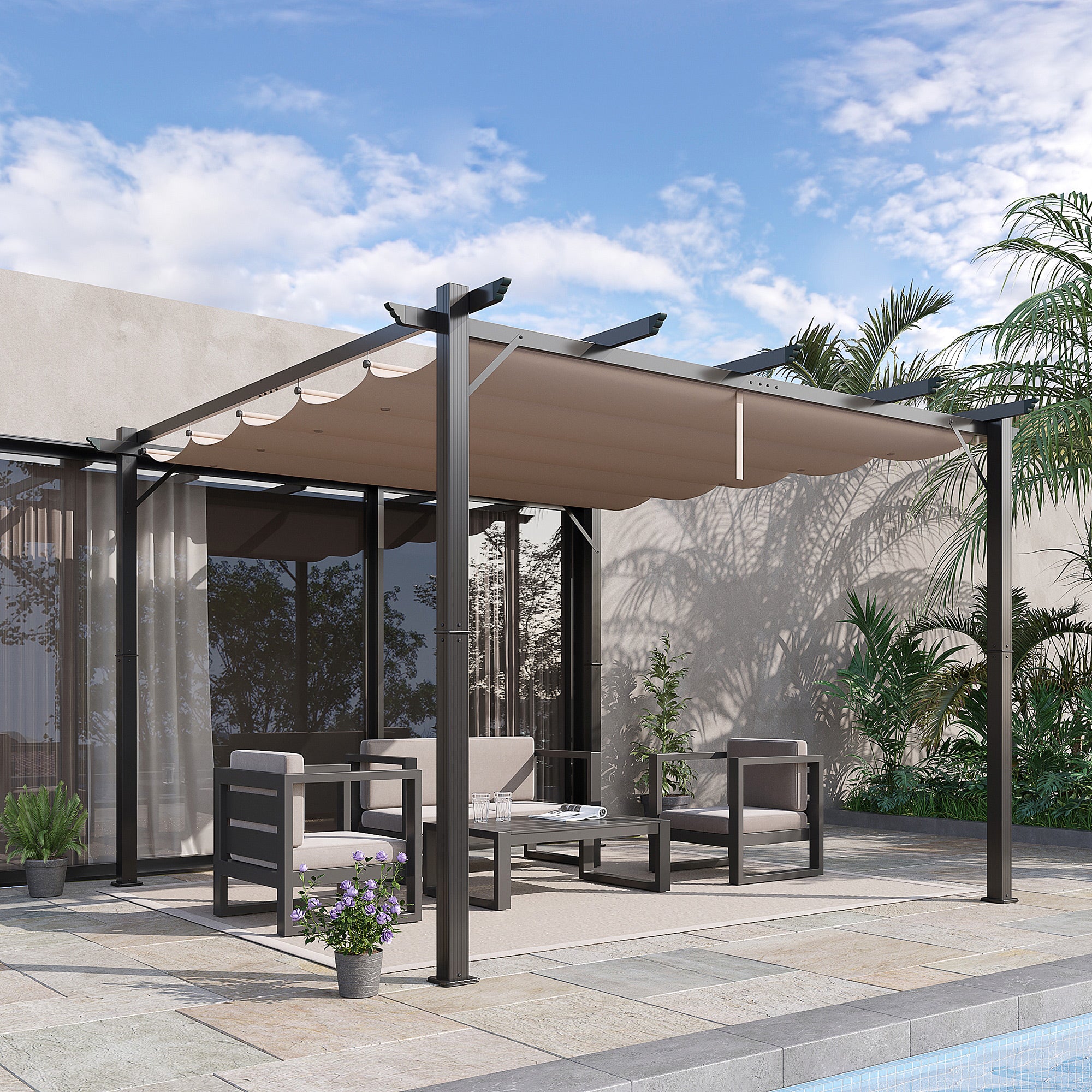 Outsunny Pergola met schuifdak paviljoen terrasoverkapping tuin aluminium 3 x 3 m bruin