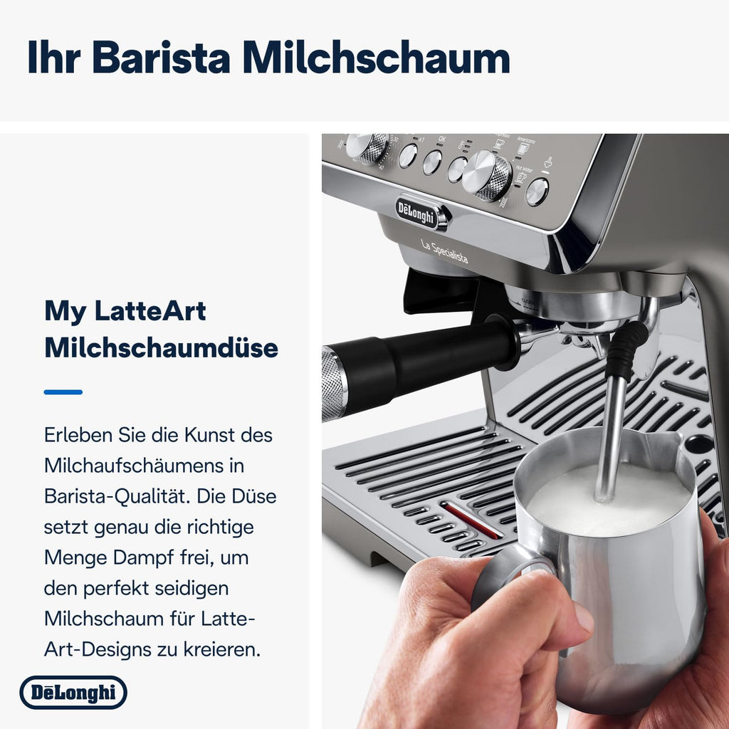 De'Longhi La Specialista Arte EC9155. MB Machine met zeven dragers, espressomachine met molen, 8 malingen, 15 bar, 3 temperaturen, melkopschuimmondstuk, 1300 W, tank van 1,5 l, roestvrij staal/zwart incl. barista-kit
