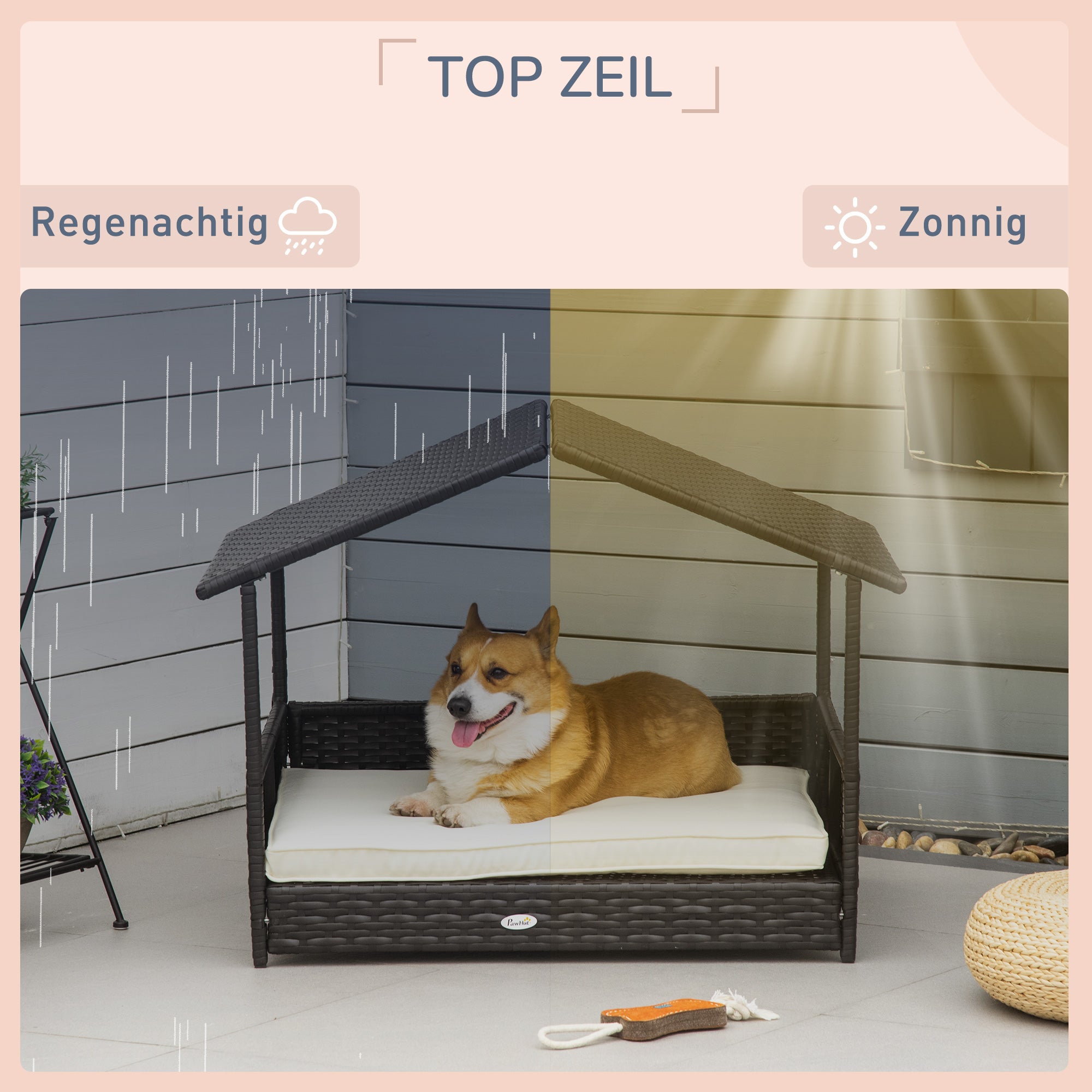 Pawhut Rotan hondenhok hondenbed met kussen in de vorm van een huis hondenhok voor buiten stalen frame PP