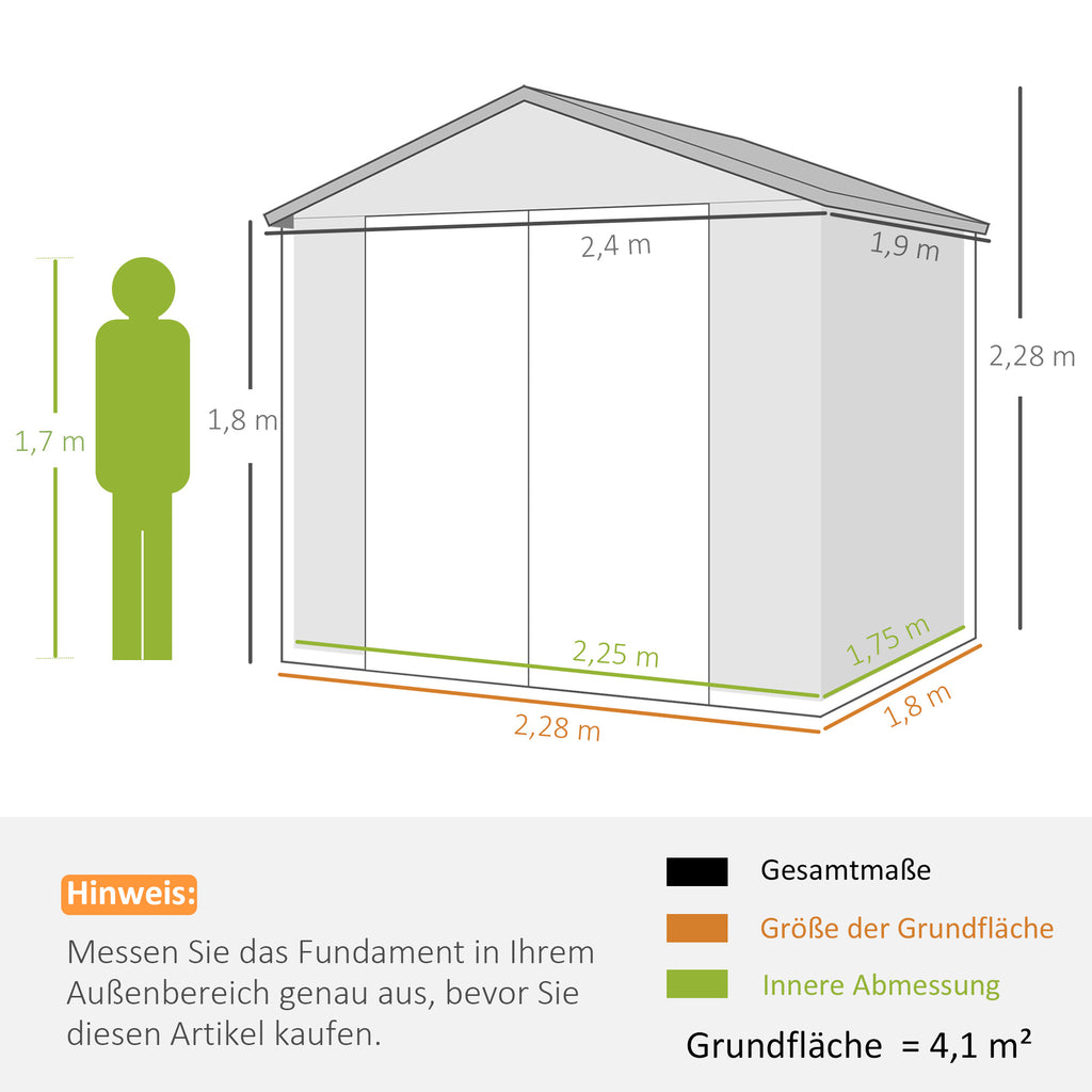 Outsunny Tuinhuis, Tuinschuur met Ventilatieraam, Kunststof, Metaal, 240 x 190 x 180/228, Grijs
