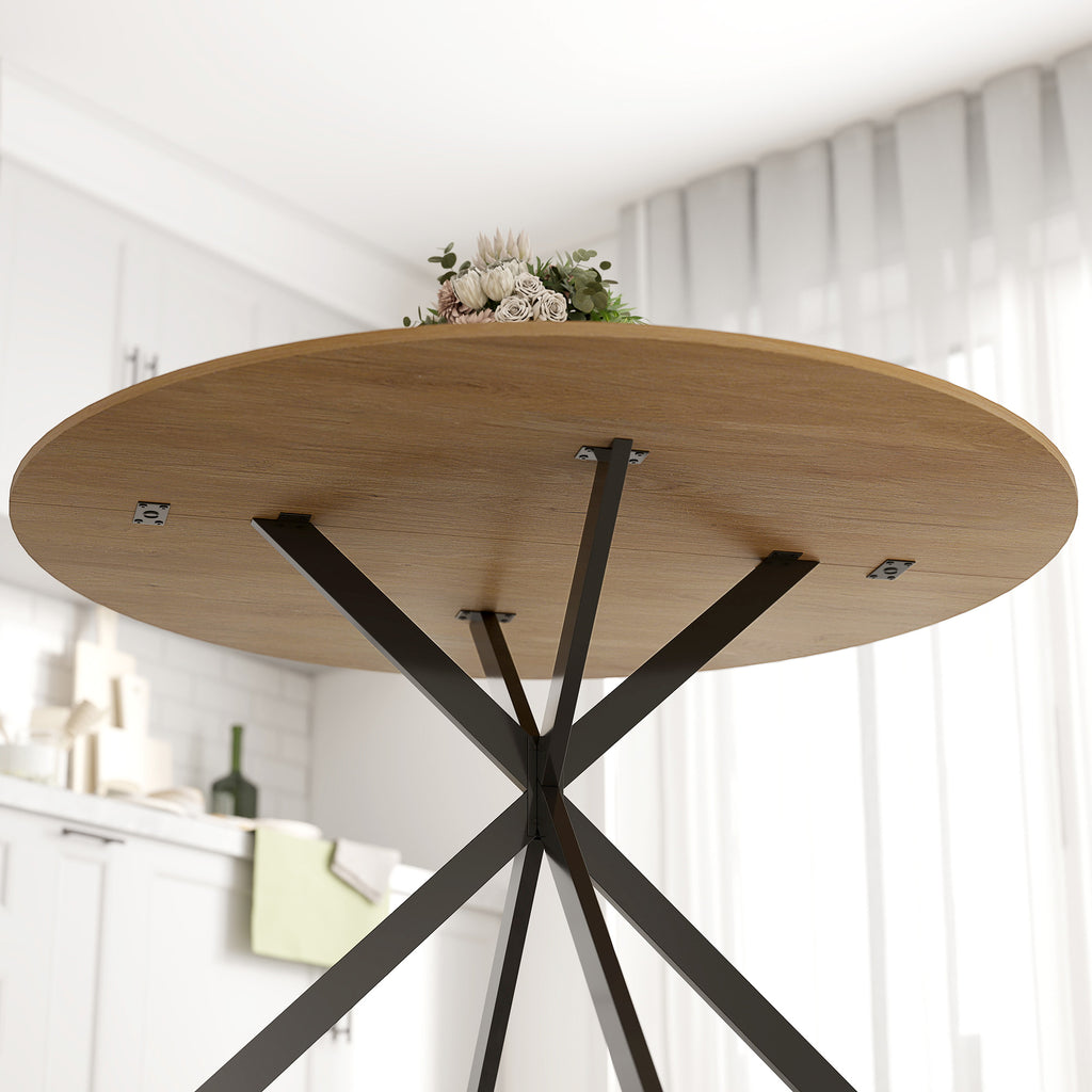 HOMCOM Ronde Eettafel voor 4 Personen, Keukentafel in Industriële Stijl met Stalen Poten, voor Eetkamer, Keuken, Eiken